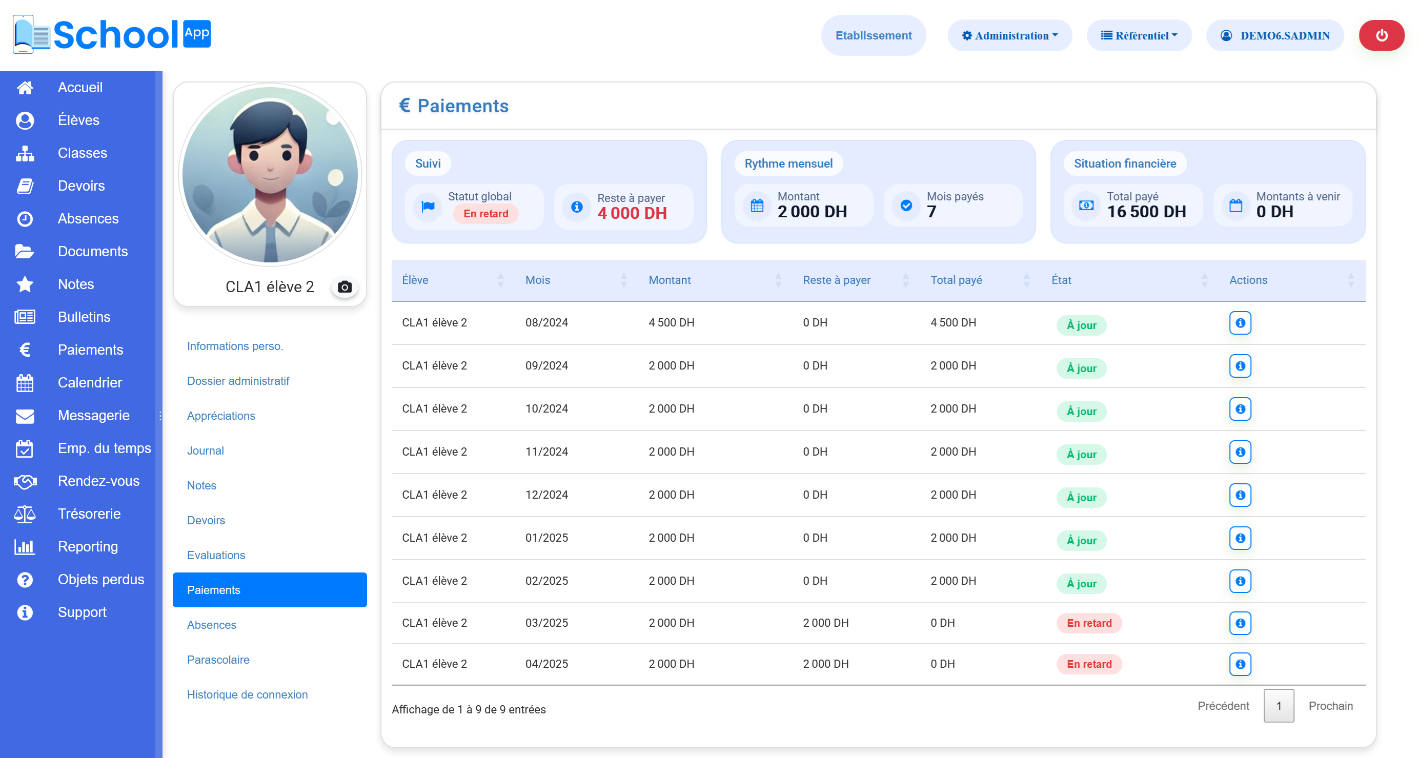 Interface SchoolApp : application de gestion scolaire (absences, notes, paiements)